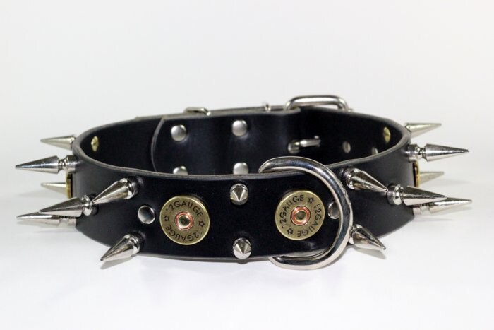 Spiked Black Leather Dog Collar 1-1/2 Shotgun Shell | Etsy
