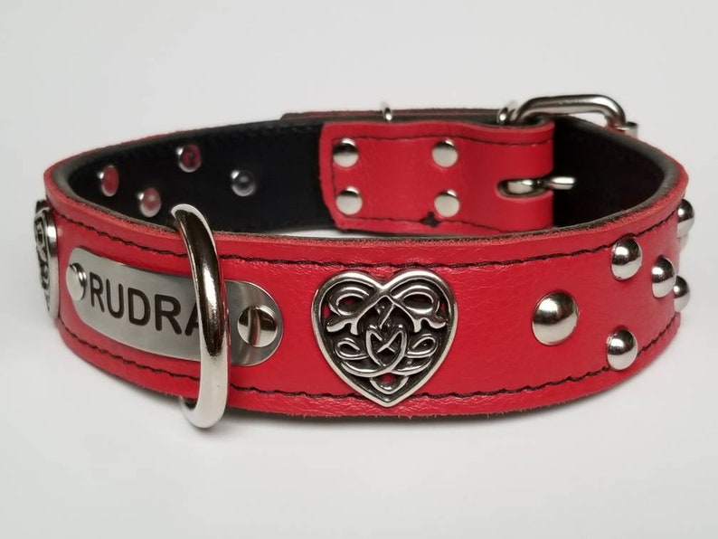 Red Leather Name Dog Collar with Hearts and Studs Celtic Etsy
