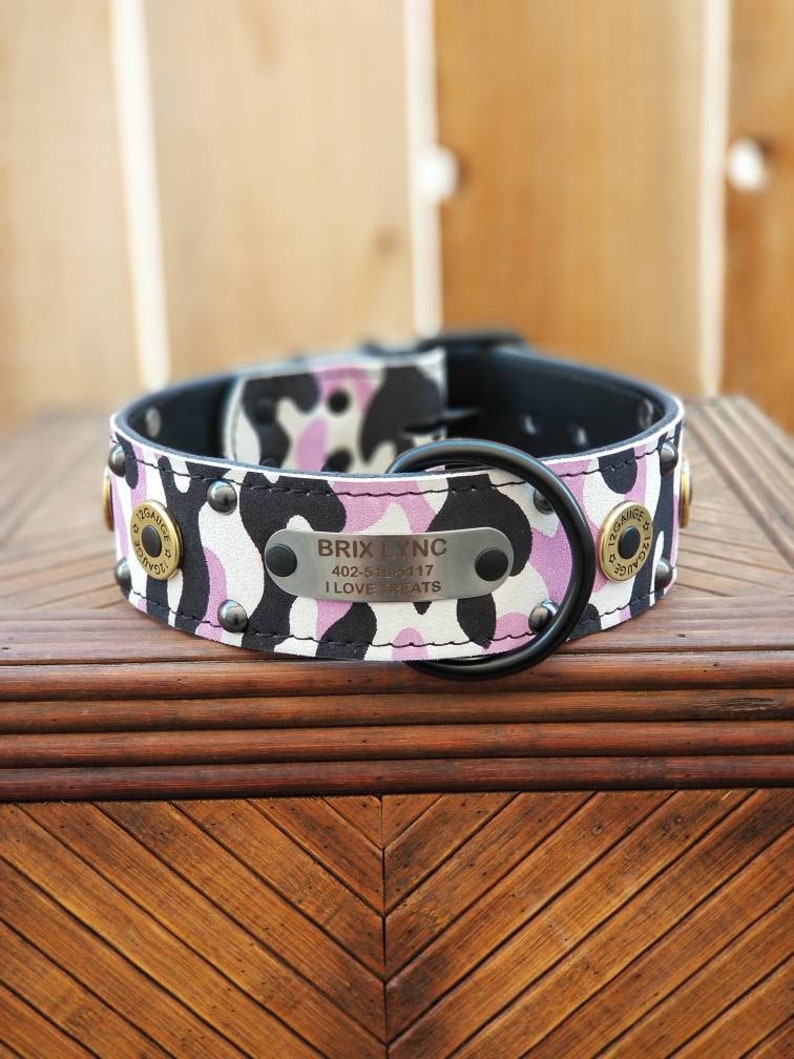 Custom Name Plate Dog Collar Pink Camo Leather Dog Collar Etsy