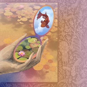 Wenskaart Nowruz met goudvis, spiegel en waterlelie: een symbool van vernieuwing en bloei