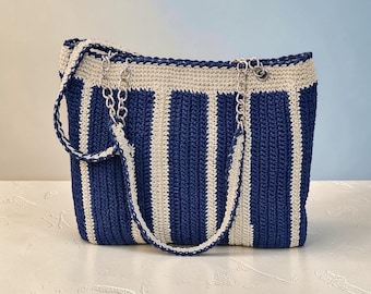One of a Kind Handmade Crochet Tote – Navy & Cream Striped Bag with Chain Detail – Exclusive Artisan Piece