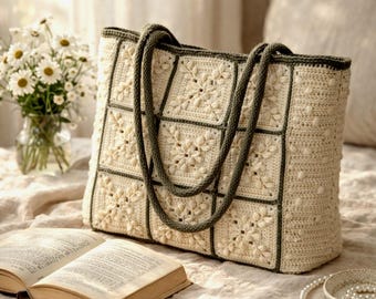 Olivia Bloom Tote – Luxury Handmade Granny Square Crochet Shoulder Bag | Cream & Olive Green Romantic Vintage Style - Retro Vıntage Style