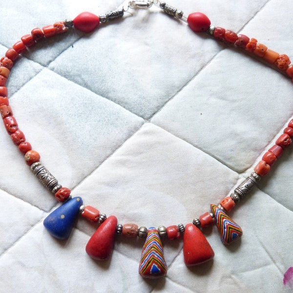 Antique Polychrome Kiffa Beads Necklace, with old Moroccan coral and silver