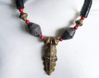 African necklace , Mask Necklace, Senufo Bronze Mask, African Vulcanite Trade Beads, Mali Spindle Whorls