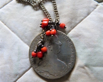 Yemen Moroccan fusion necklace, Maria Theresia Thaler Coin Pendant with coral dangles and silver chain