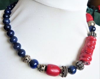 Chinese carved coral bead and lapis lazuli necklace with old silver beads and metal beads, OOAK