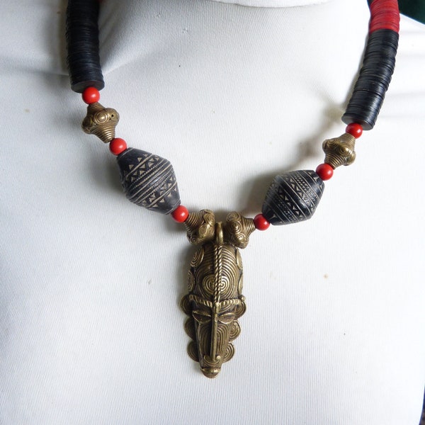 African necklace , Mask Necklace, Senufo Bronze Mask, African Vulcanite Trade Beads, Mali Spindle Whorls