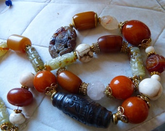 Antique Chinese carved Hsiu Jade necklace with shell and resin beads, Dream in Caramel