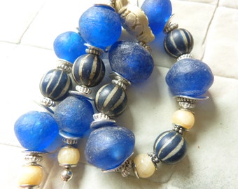 African Krobo Glass Beads, Ghana, with white Cinnabar beads and Java Glass Beads