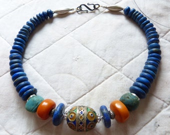 Moroccan Necklace with silver enamel focal bead, lapis lazuli, blue Hebron and copal beads, Berber Jewelry