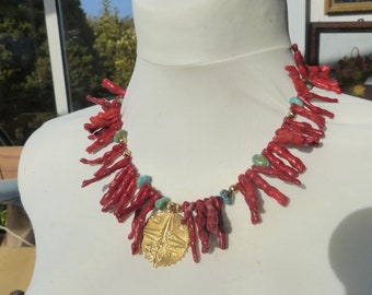 African necklace, Baoulé gilt bronze pendant, branch coral necklace with turuqoise beads, sponge coral