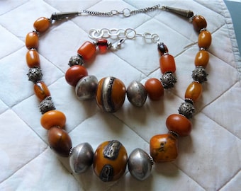 Antique African  Phenolic Resin Beads Necklace and Bracelet, Yemeni silver beads