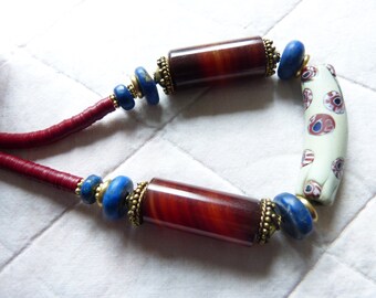 Antique Venetian Elbow Millefiori Bead and Idar Oberstein Agate Necklace, African Trade Beads, OOAK