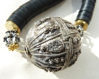 Antique Yemen Silver Globe Necklace, silver globe signed, Beadart-Austria Design