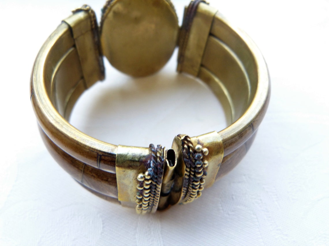 Vintage Hinged Brass Bracelet With Large Jasper Cabochon Etsy