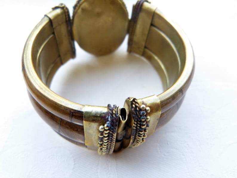 Vintage Hinged Brass Bracelet with large Jasper Cabochon