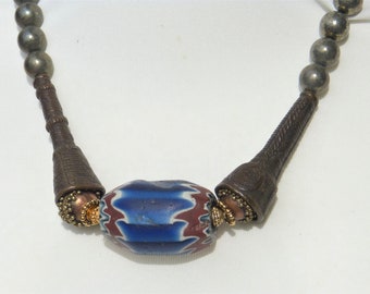 Antique Venetian Seven Layer Chevron Glass Bead Necklace with Old African Handmade Tiv Bronze Beads from Nigeria