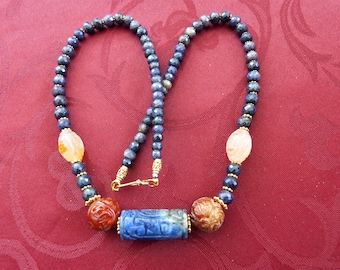 Carved Chinese Carnelian Shou Beads Necklace, Blue Sapphire Necklace