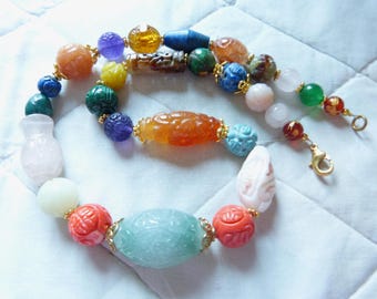 Chinese Gemstone Shou Bead Necklace: Carved Aventurine, Lapis, Coral