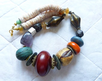 Chunky Statement Necklace, Beadart-Austria Design, with gemstone beads, bakelite, shell and Buddha Gold Leaf bead