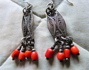 Moroccan style silver earrings with genuine Moroccan coral dangles