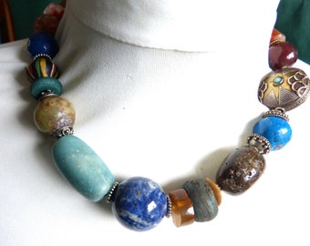 Chunky Statement Necklace, Beadart-Austria Design, with gemstone beads and antique Venetian beads