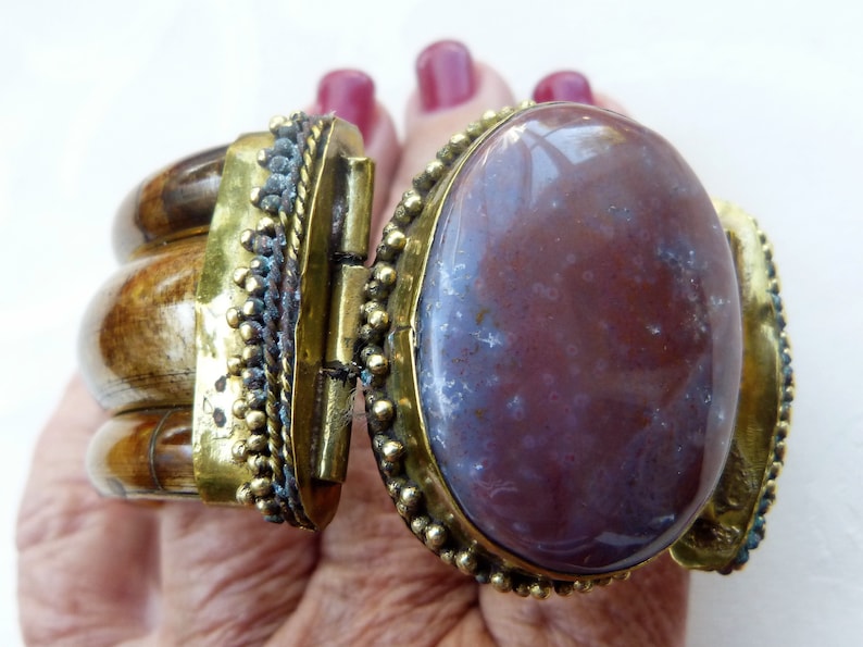 Vintage Hinged Brass Bracelet with large Jasper Cabochon