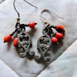 Moroccan style silver fish earrings with genuine Moroccan coral dangles