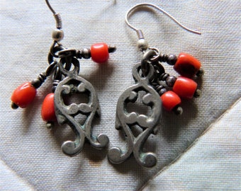 Moroccan style silver fish earrings with genuine Moroccan coral dangles
