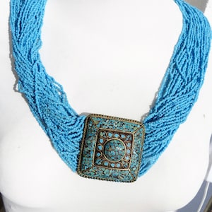 Vintage Tibetan Turquoise Pendant Necklace: Multistrand Blue Glass Bead Statement Necklace