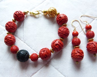 Cinnabar bracelet and earrings, Beadart-Austria Design