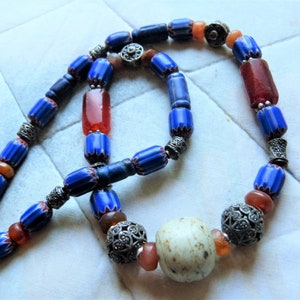 Antique Venetian Chevron Beads Necklace with ancient carnelian beads, a Dogon bead and markasite studded silver