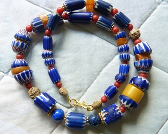 Antique Venetian Chevron Beads Necklace with antique coral, 6 and 7 layer chevron beads