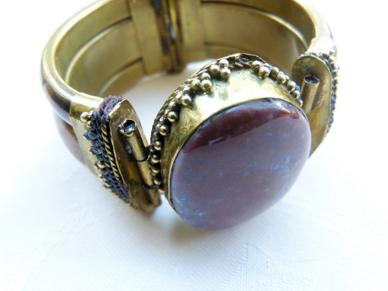 Vintage Hinged Brass Bracelet with large Jasper Cabochon