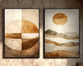 Japandi Neutral Wand Kunst 2er Set, Abstrakte Erdfarben Drucke, Beige Minimalistische Wanddekoration, moderne Organische Kunst, digitaler Download
