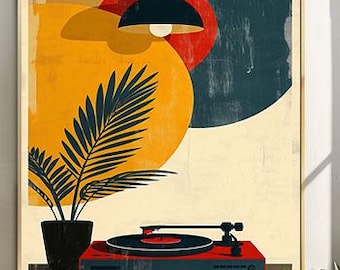 Retro Record Player Poster, Vintage Turntable Art, Mid Century Modern Music Decor, Digital Download