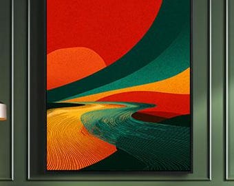 Arte murale astratta color verde acqua e arancione, stampabile con blocchi di colore moderni e audaci, decorazione murale contemporanea