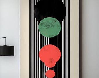 Bauhaus Wall Art Printable, Abstract Geometric Circles, Red Green Black Modern Decor, Digital Download