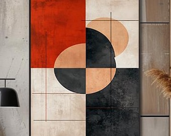 Mid Century Geometric Wall Art, Terracotta Beige Abstract Print, Minimalist Retro Wall Decor, Vertical Modern Poster