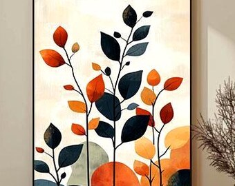 Botanische Wandkunst, abstrakte Blattdruck, minimalistische Pflanzenkunst, Terrakotta digitaler Download, Naturdekor