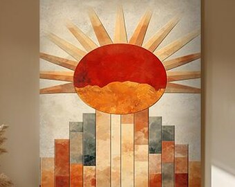Terracotta Sun Wall Art Digital Download, Abstract Boho Wall Decor, Earth Tone Minimalist Landscape Print
