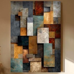 May include: An abstract wall art piece with a geometric design in shades of gray, brown, and teal hangs above a cream-colored sofa. The room is decorated with a wooden coffee table, throw pillows, and a vase with dried plants, creating a warm and inviting living space.