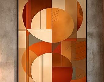 Quadro astratto geometrico, stampa a blocchi di colore arancione e verde acqua, decorazione murale moderna e minimalista, download digitale.