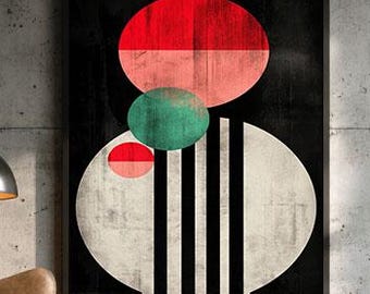 Bauhaus Wall Art Set of 2, Red Green Beige Abstract Shapes, Mid Century Modern Geometric Poster, Minimalist Printable Art