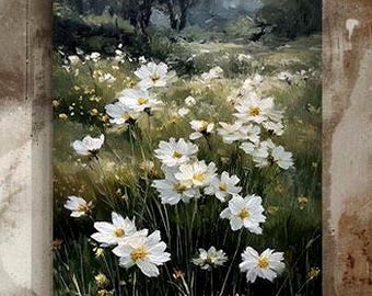 Botanical Canvas Wall Art, Flower Meadow Painting, Nature Art Print, Rustic Living Room Decor