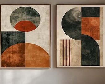 Mid Century Modern Wall Art Set of 2, Geometric Beige Terracotta Print