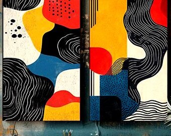 Geometrische Wandkunst 2er-Set, Bunte Abstrakte Prints, Mid Century Modern Dekor, Bauhaus-Stil druckbare Wandkunst