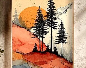 Sonnenuntergang Wald Wandkunst, Boho Berglandschaft Druck, Natur Poster, printable Art