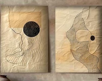 Minimal Line Art 2er-Set, Beige Neutrale Wandkunst, Skandinavisches Japandi-Dekor, abstrakte druckbare Wandkunst, digitaler Download