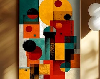 Kolorowa geometryczna sztuka ścienna, druk w stylu mid-century modern, abstrakcyjna sztuka okręgów, plakat retro, drukowana sztuka ścienna, pobieranie cyfrowe